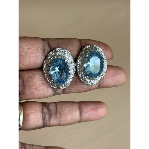 Vintage Estate Oval Blue Topaz & Silver-Tone Cufflinks Chunky Rare Unique - Picture 3 of 6